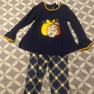 Navy Top and Plaid Pants Set with Pumpkin Design